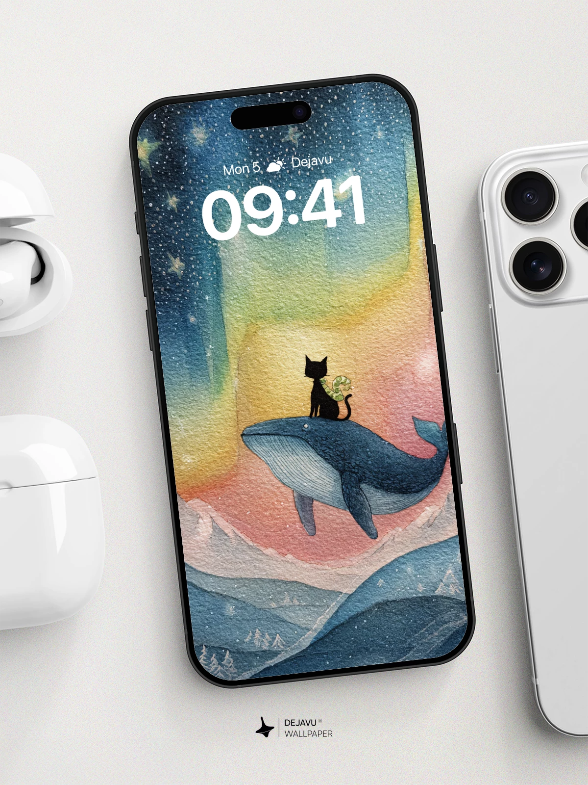 Whale And Cat Under Starry Sky Wallpaper 8K