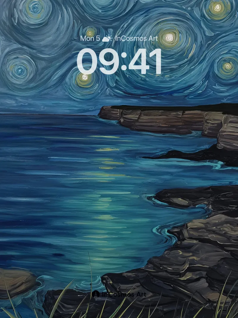 Swirling Starlight Coastal Wallpaper in Midnight Blue