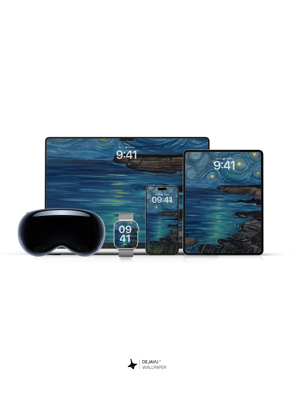 Van Gogh Starry Night Style Ocean Cliff Wallpaper 8K