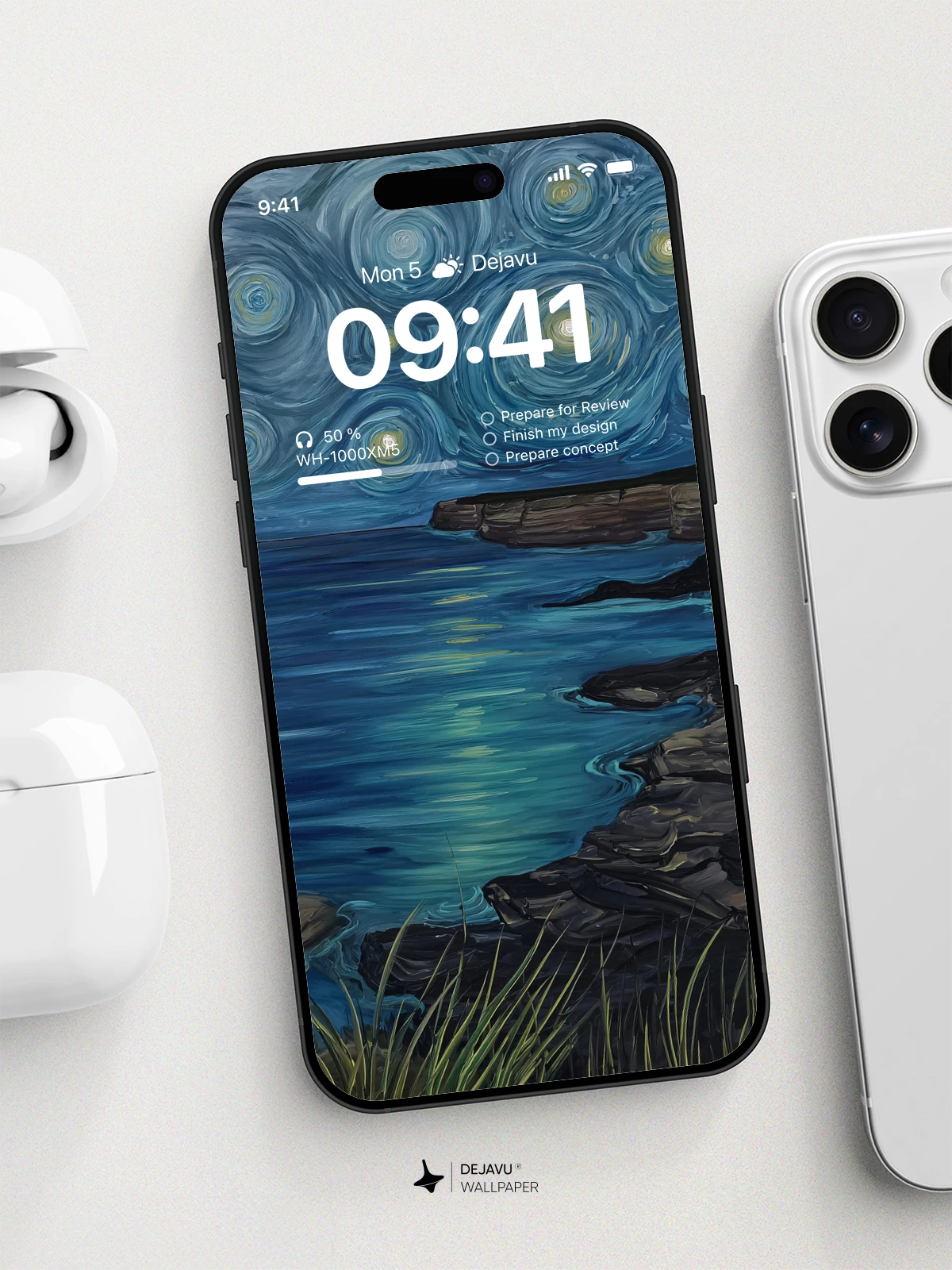 Van Gogh Starry Night Style Ocean Cliff Wallpaper 8K