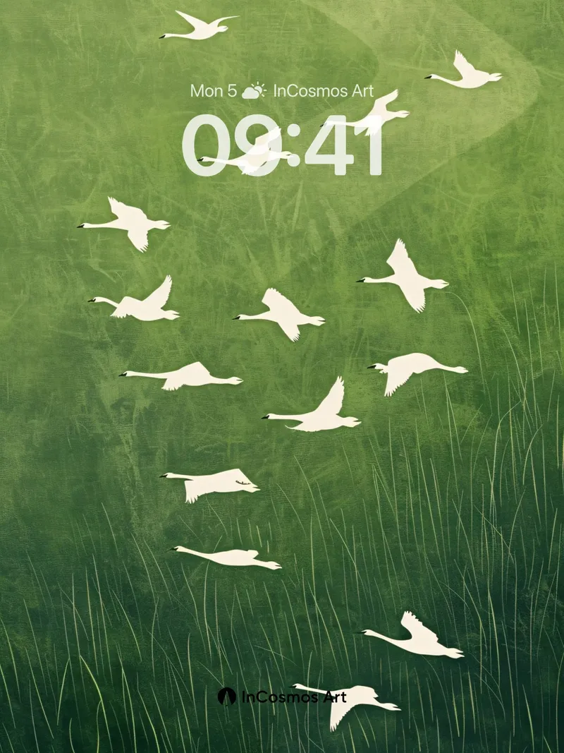 Serene Swan Migration Background with Misty Green Haze