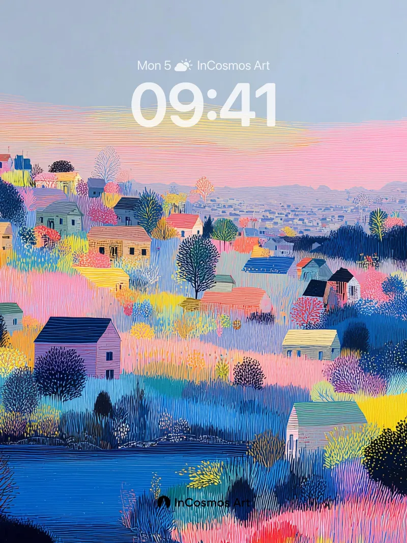 Pastel Village Dream Wallpaper with Textured Light