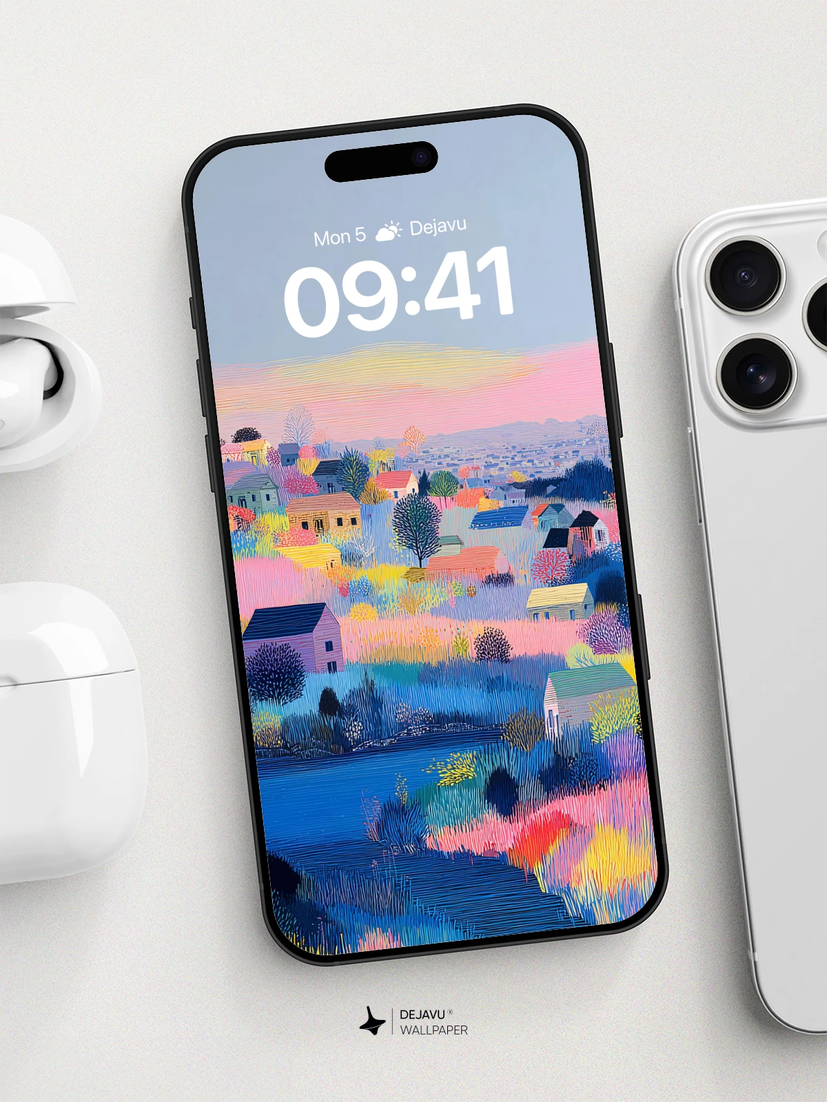 Pastel Hillside Village 8K Wallpaper for Phone and Tablet