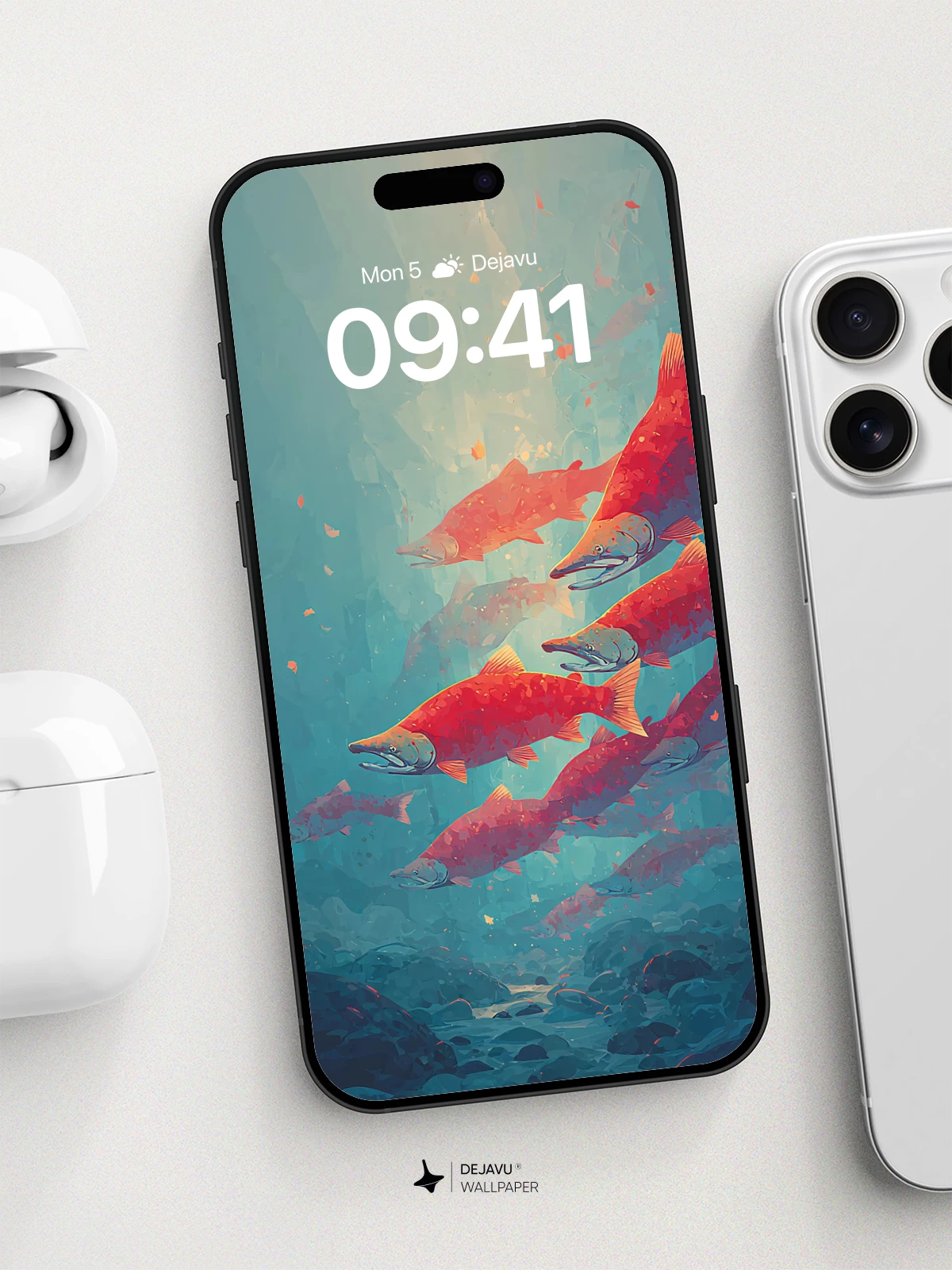 Vibrant Salmon Swarm Underwater Wallpaper 8K for iPhone and Android