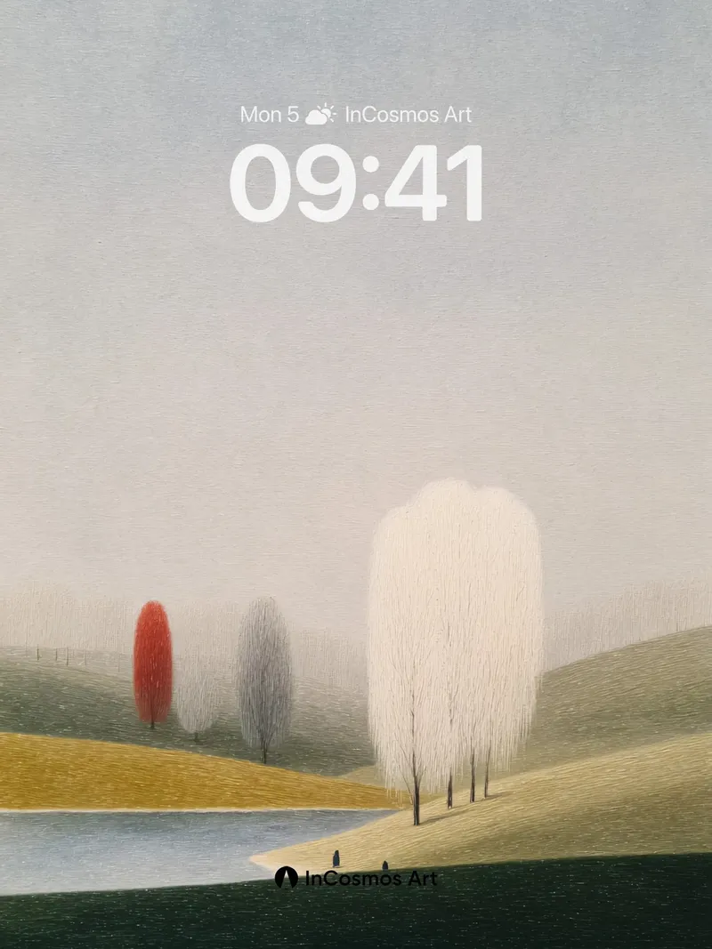 Foggy Hillside Wallpaper with Red Tree Accent