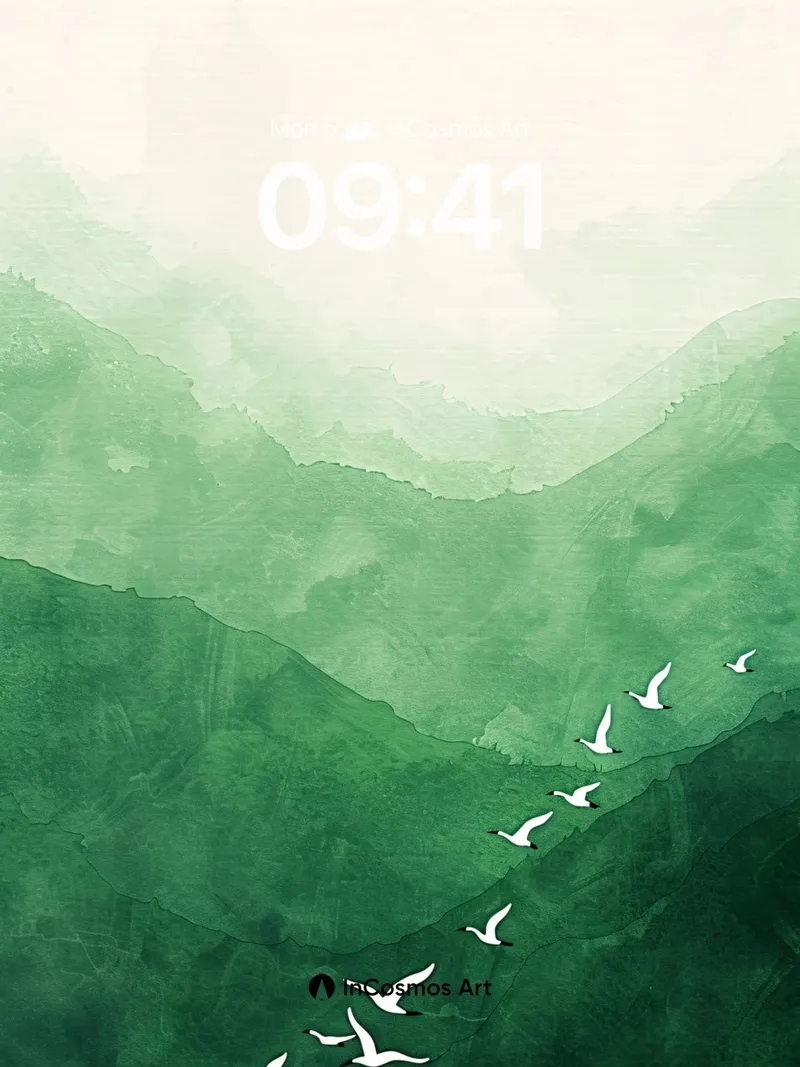 Serene Mountain Mist Wallpaper with Flying Birds