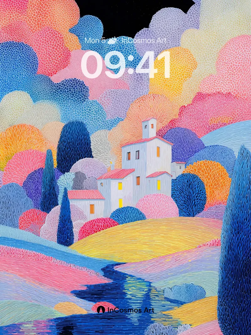 Whimsical Dotwork Village Wallpaper with Pastel Hills
