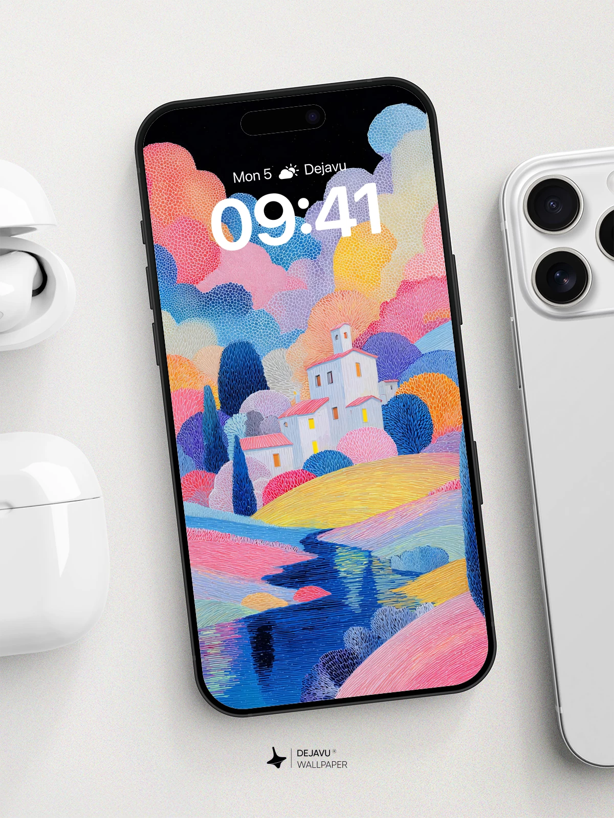 Dotwork Dream Village 8K Wallpaper for iPhone and Android