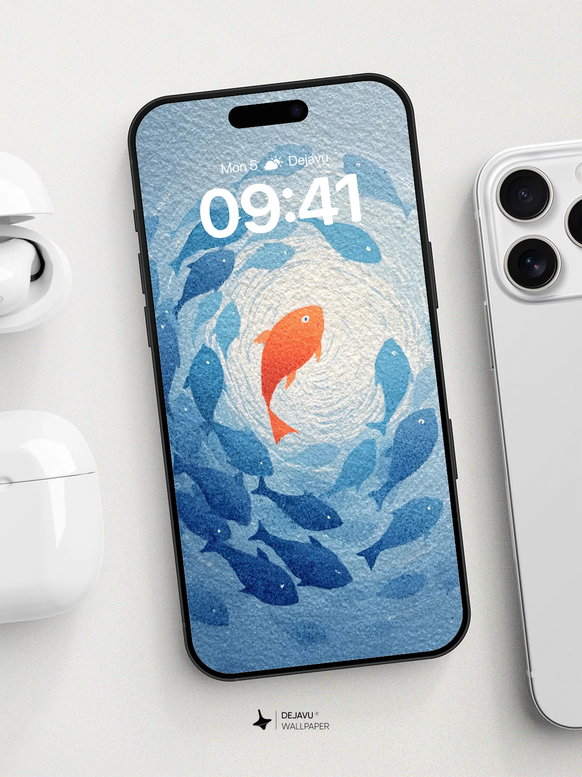 Orange Fish Among Blue Swarm Wallpaper 8K for iPhone and Android