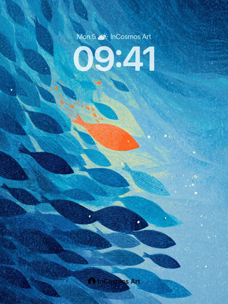 Oceanic Whisper Wallpaper with Lone Orange Fish