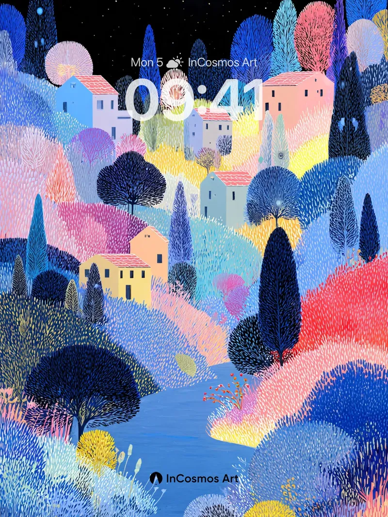 Starry Night Village Wallpaper with Colorful Trees