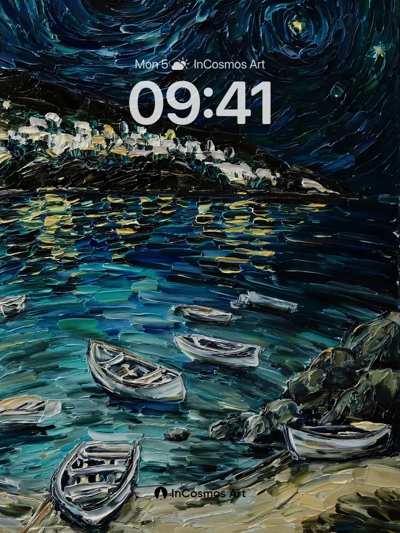 Swirling Starry Night Coastal Wallpaper with Boats