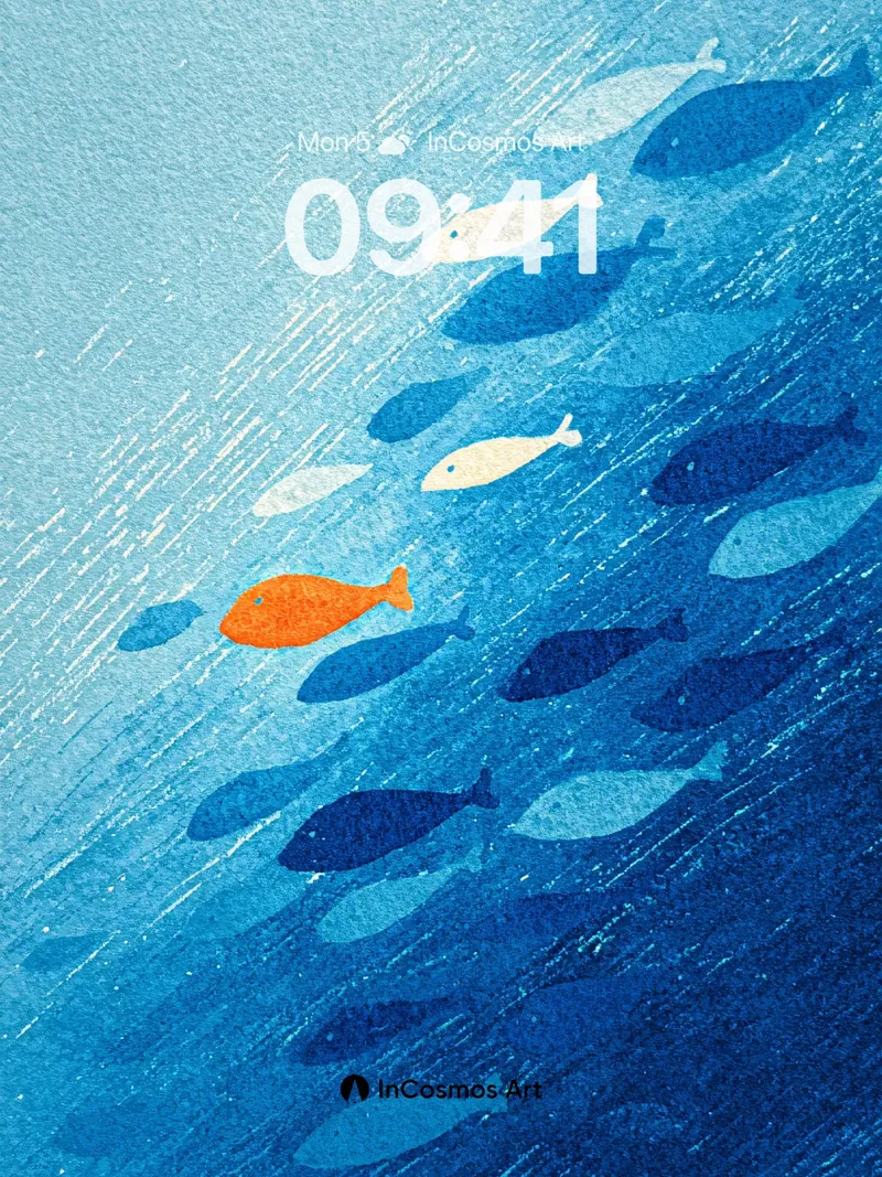 Serene Ocean Current Wallpaper with One Orange Fish
