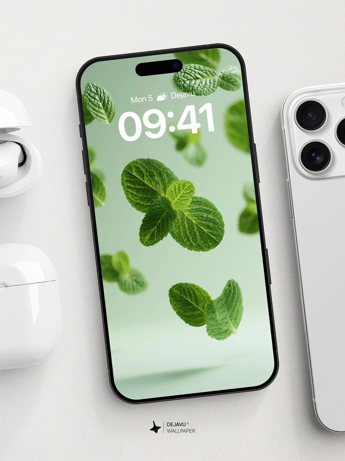 Floating Mint Leaves Wallpaper 8K for iPhone and Android