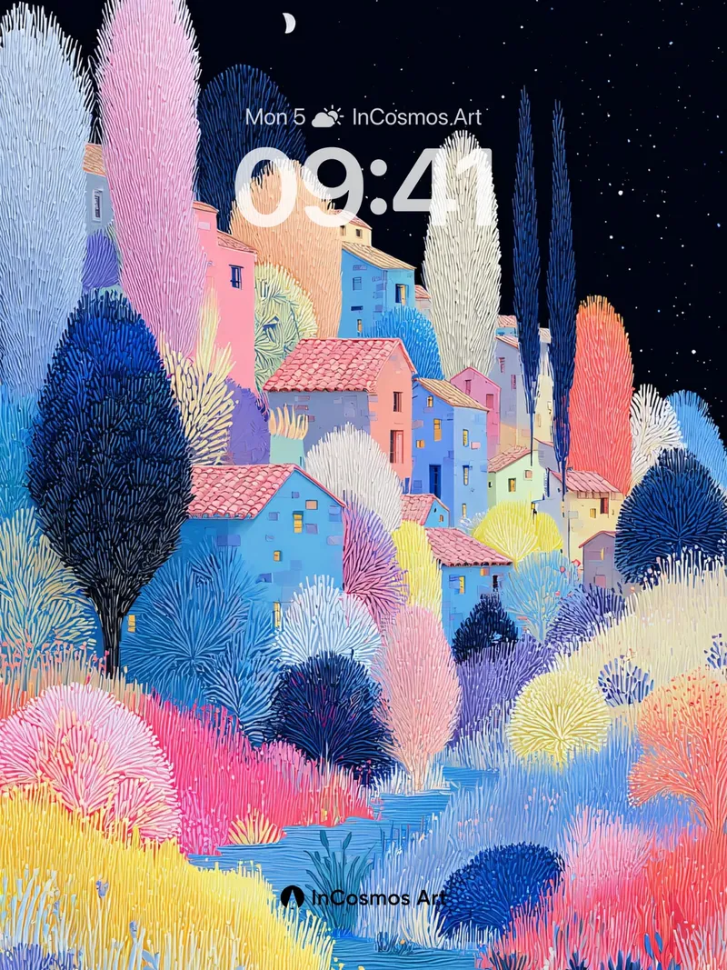 Whimsical Village Wallpaper with Starlit Sky
