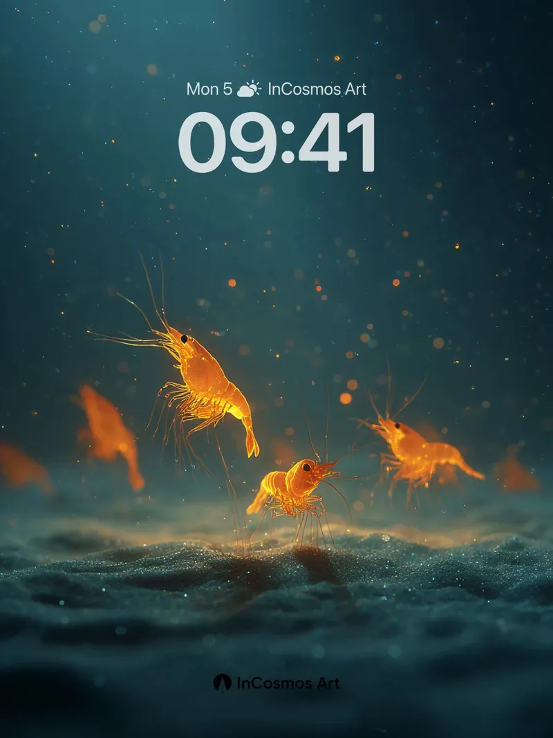 Golden Shrimp Swarm Wallpaper in Deep Sea Haze