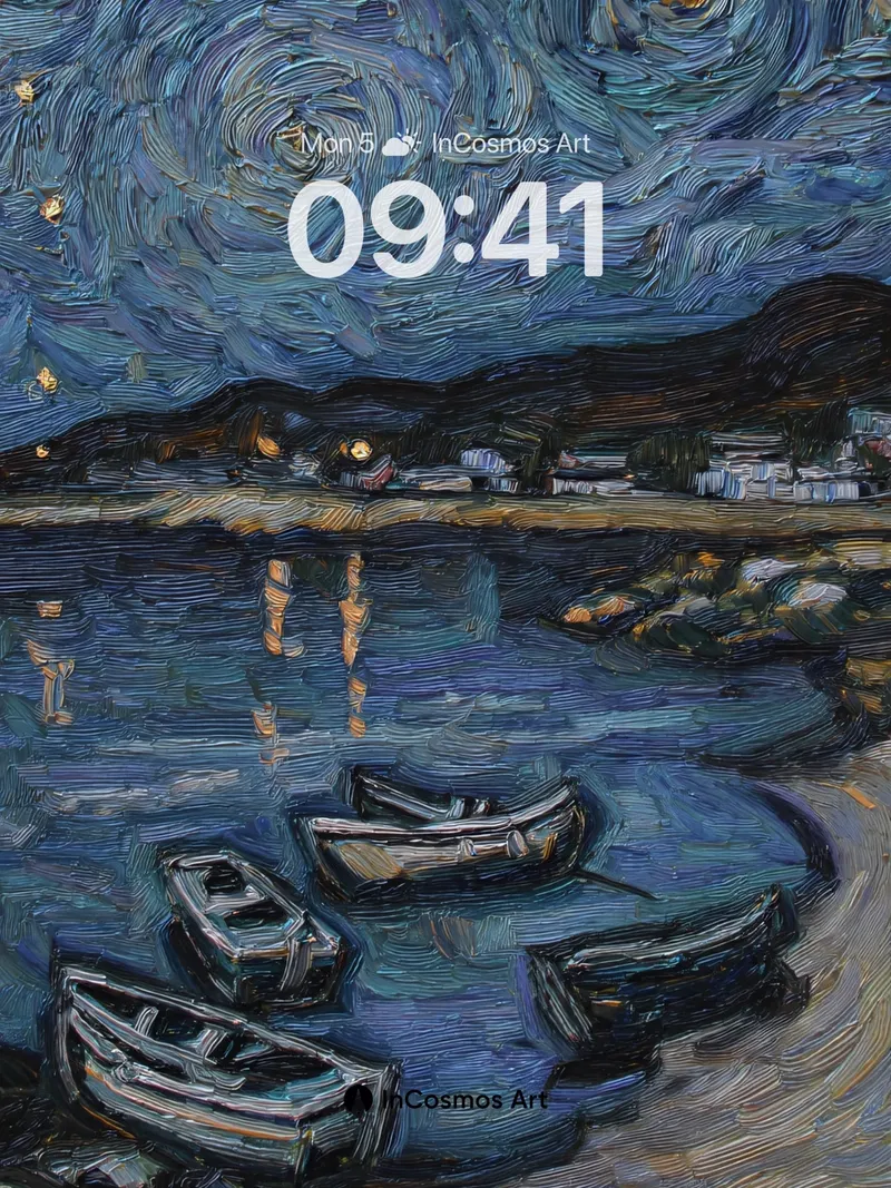 Swirling Starlight Night Wallpaper with Painted Boats
