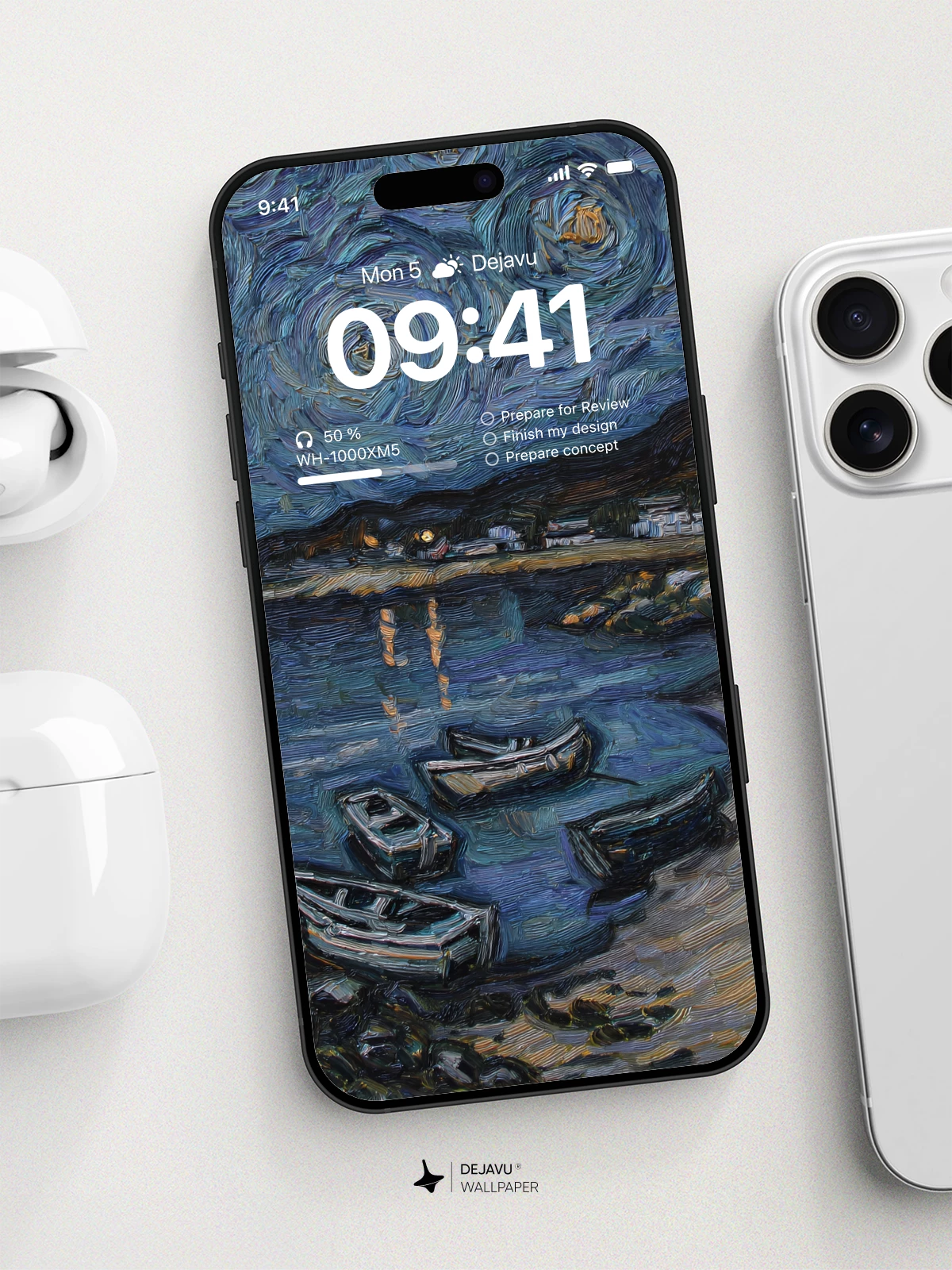 Van Gogh Starry Night Style Boats 8K Wallpaper
