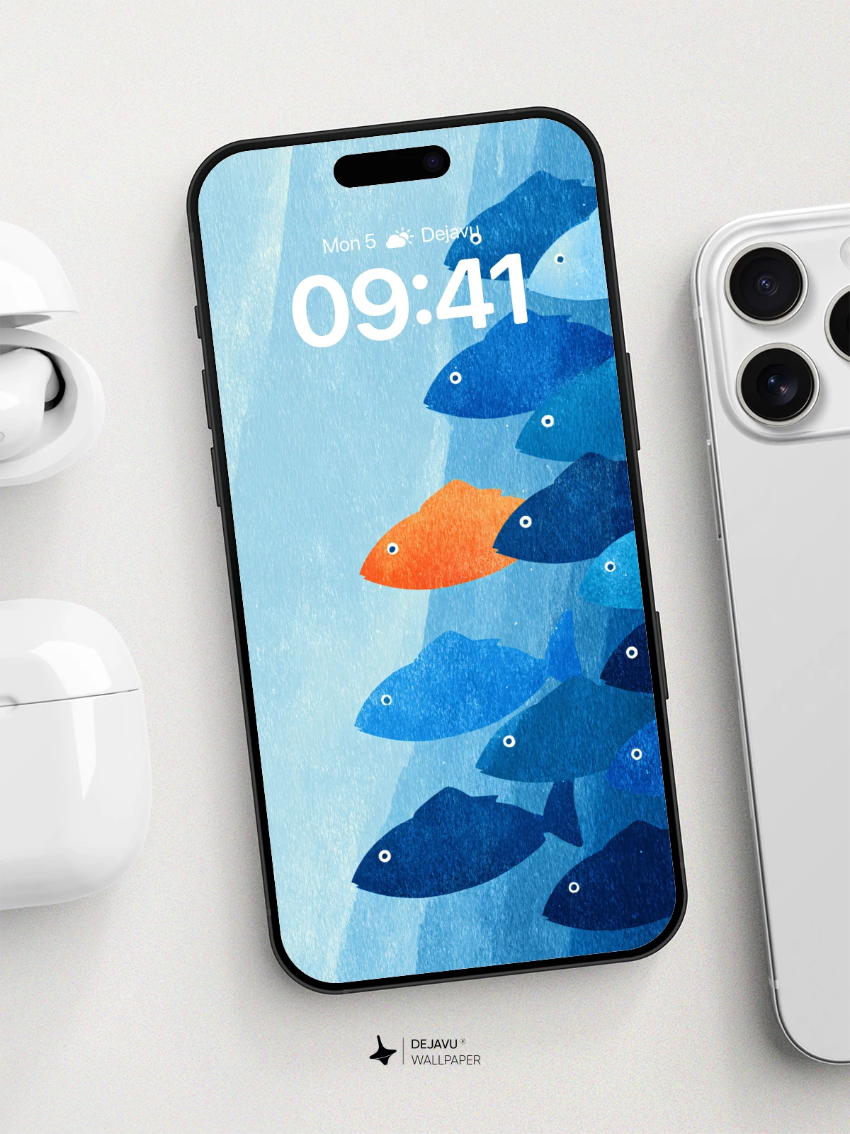 Orange Fish Among Blue School Wallpaper 8K for iPhone and Android