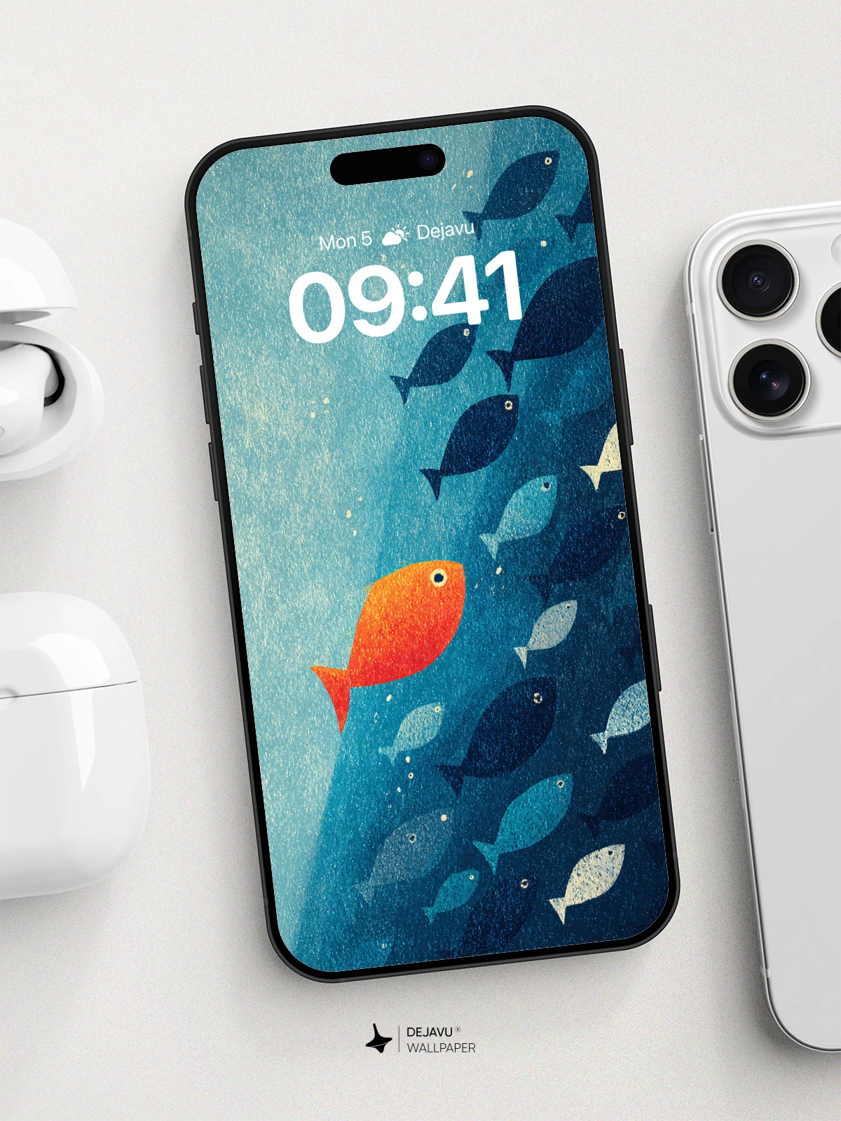 Vibrant Orange Fish Against Blue School Wallpaper 8K for iPhone and Android