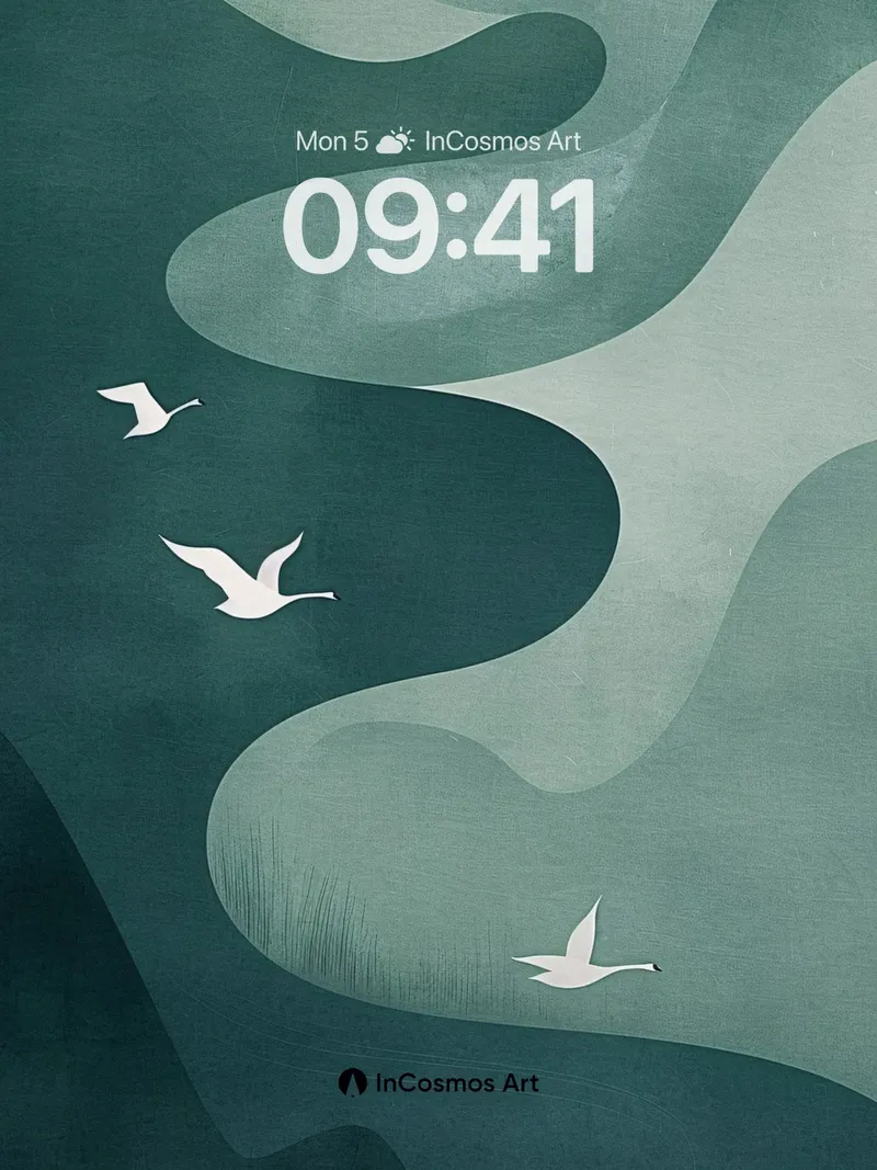 Serene Swan Migration Background with Misty Waves