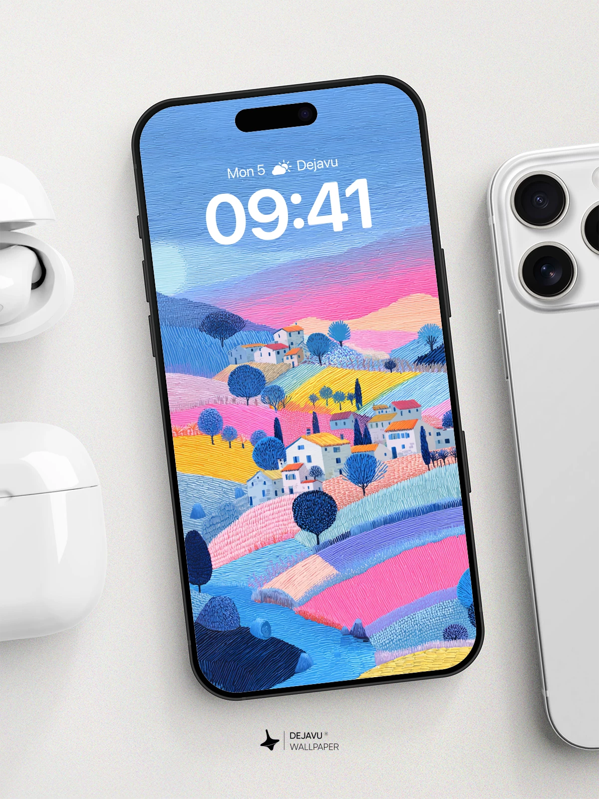 Textured Pastel Hillside Village 8K Wallpaper