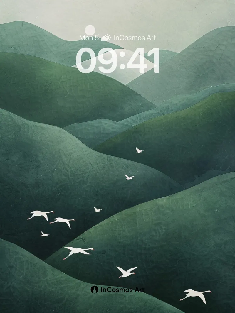 Serene Misty Mountains Wallpaper with Flying Birds