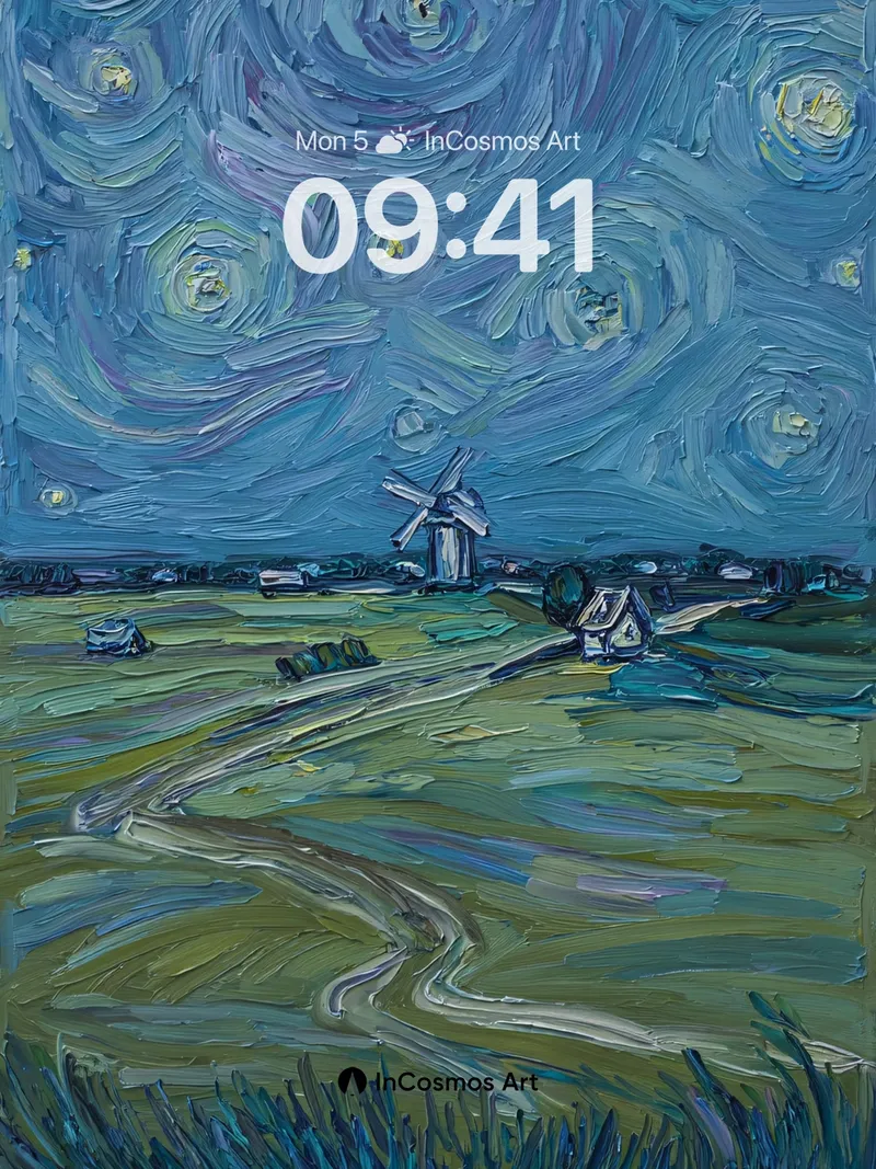 Starry Night Swirls Wallpaper with Windmill Silhouette