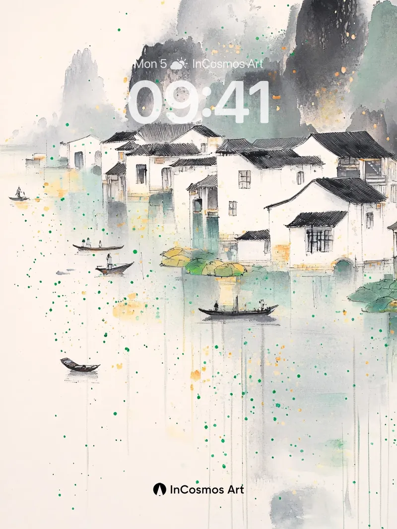 Serene Inkwater Wallpaper with Floating Boats
