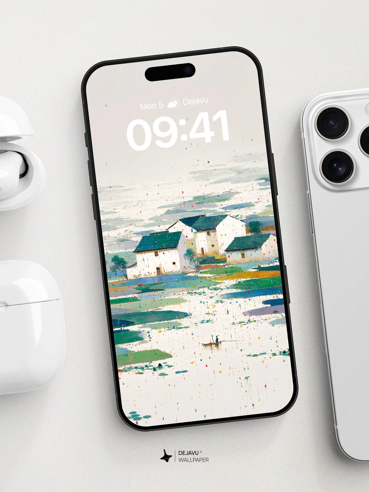 Wu Guanzhong Style Water Village 8K Wallpaper for iPhone and Android