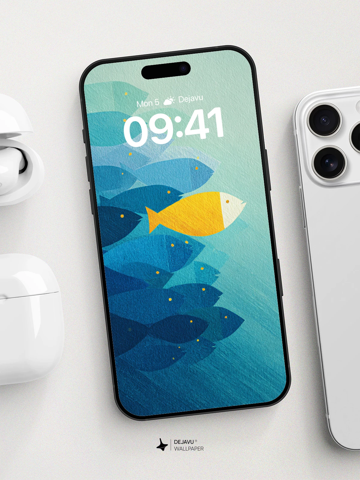 Bold Yellow Fish Among Blue Flock Wallpaper 8K for iPhone and Android