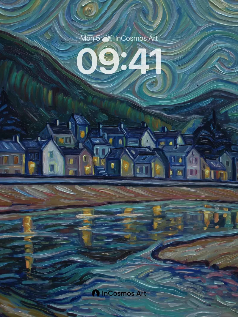 Starry Night Reflection Wallpaper with Swirling Sky