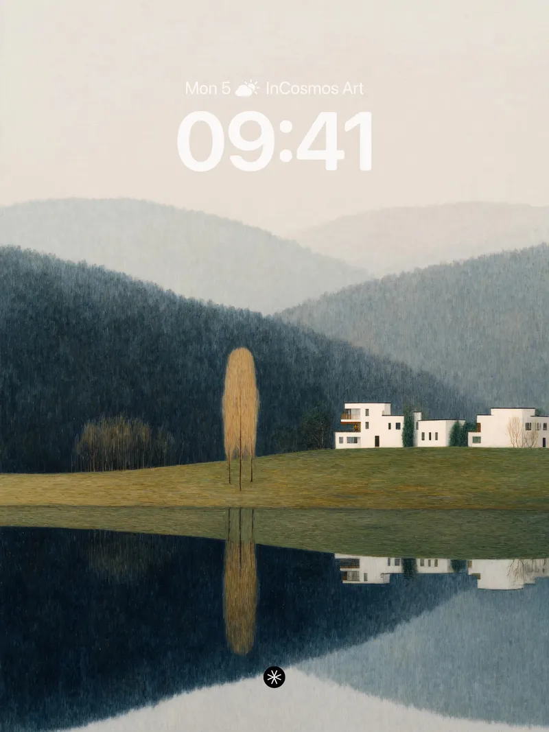 Serene Lake Reflection Wallpaper with Misty Hills