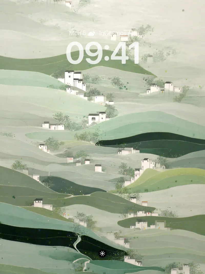 Misty Hillside Village Wallpaper in Soft Greens