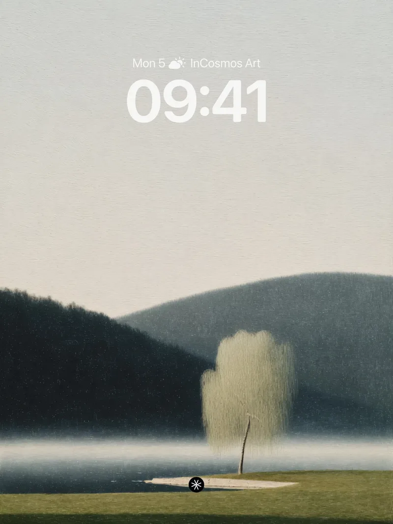 Misty Lake Solitude Wallpaper with Willow Silhouette