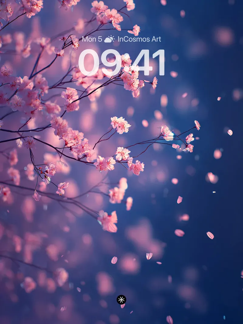 Soft Pink Petal Drift Wallpaper in Deep Blue Haze