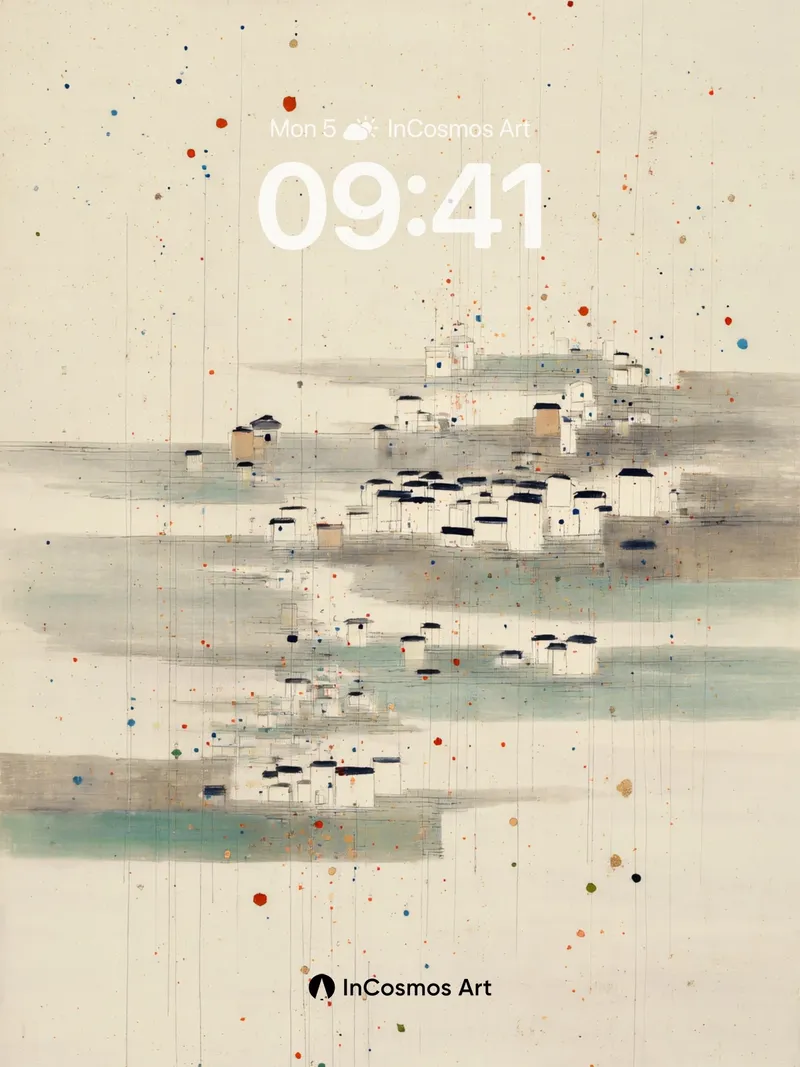 Serene Village Background with Abstract Dots