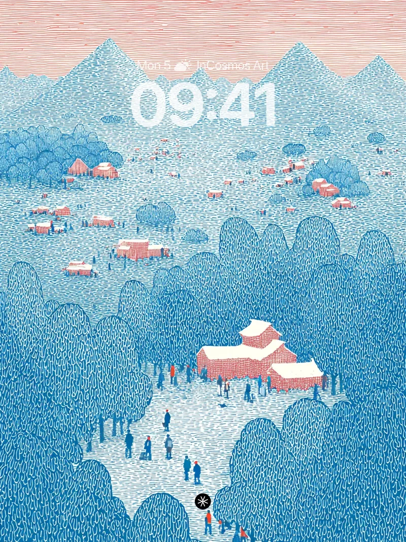 Serene Winter Village Background with Retro Illustration Style