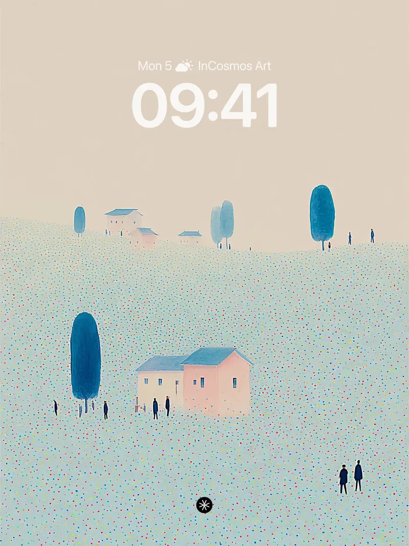 Serene Pointillist Village Winter Wallpaper