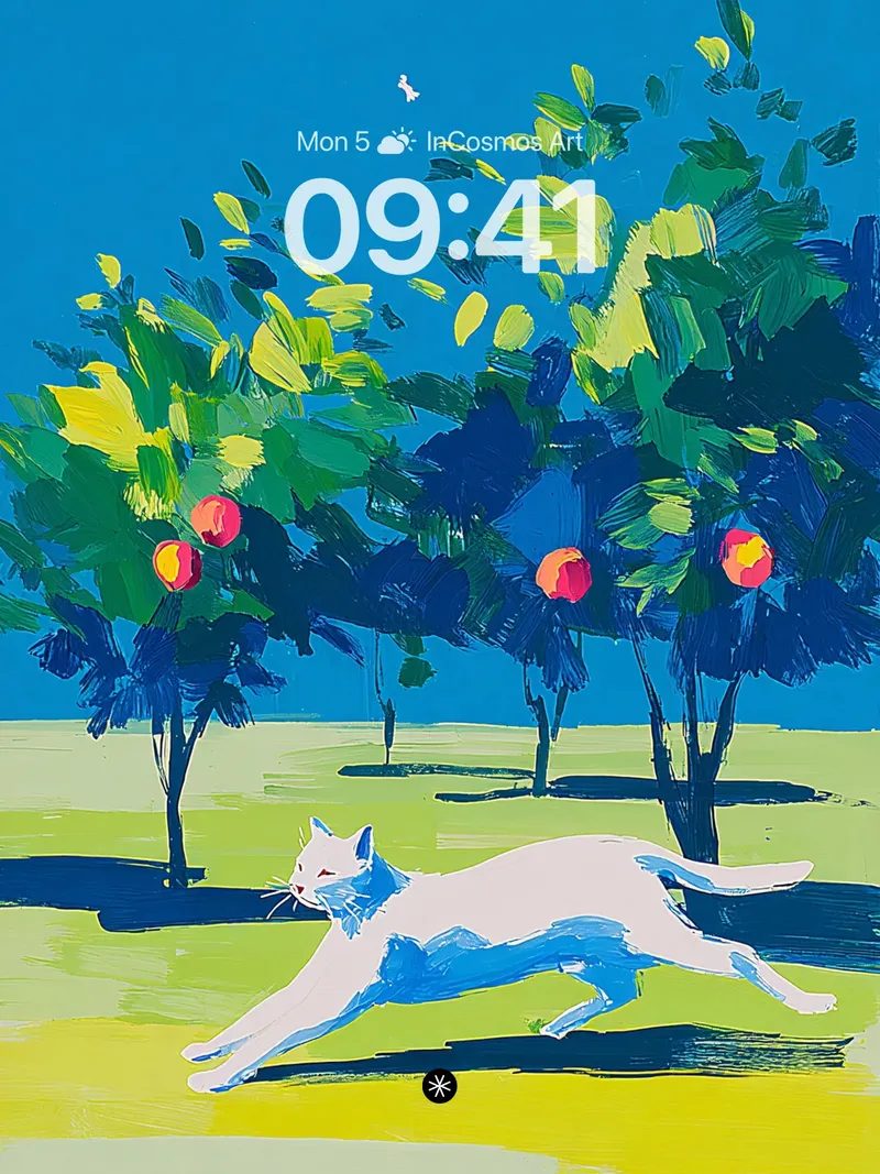 Dynamic White Cat Chase in Orchard Wallpaper
