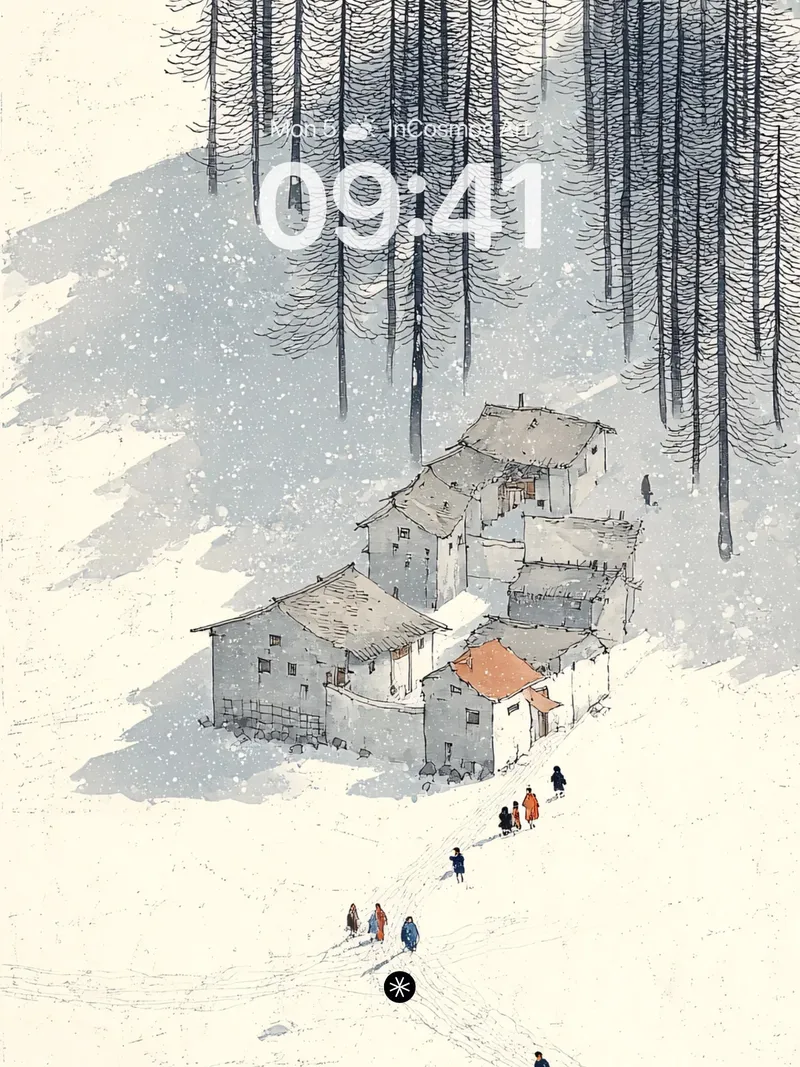 Serene Snowfall Village Winter Wallpaper