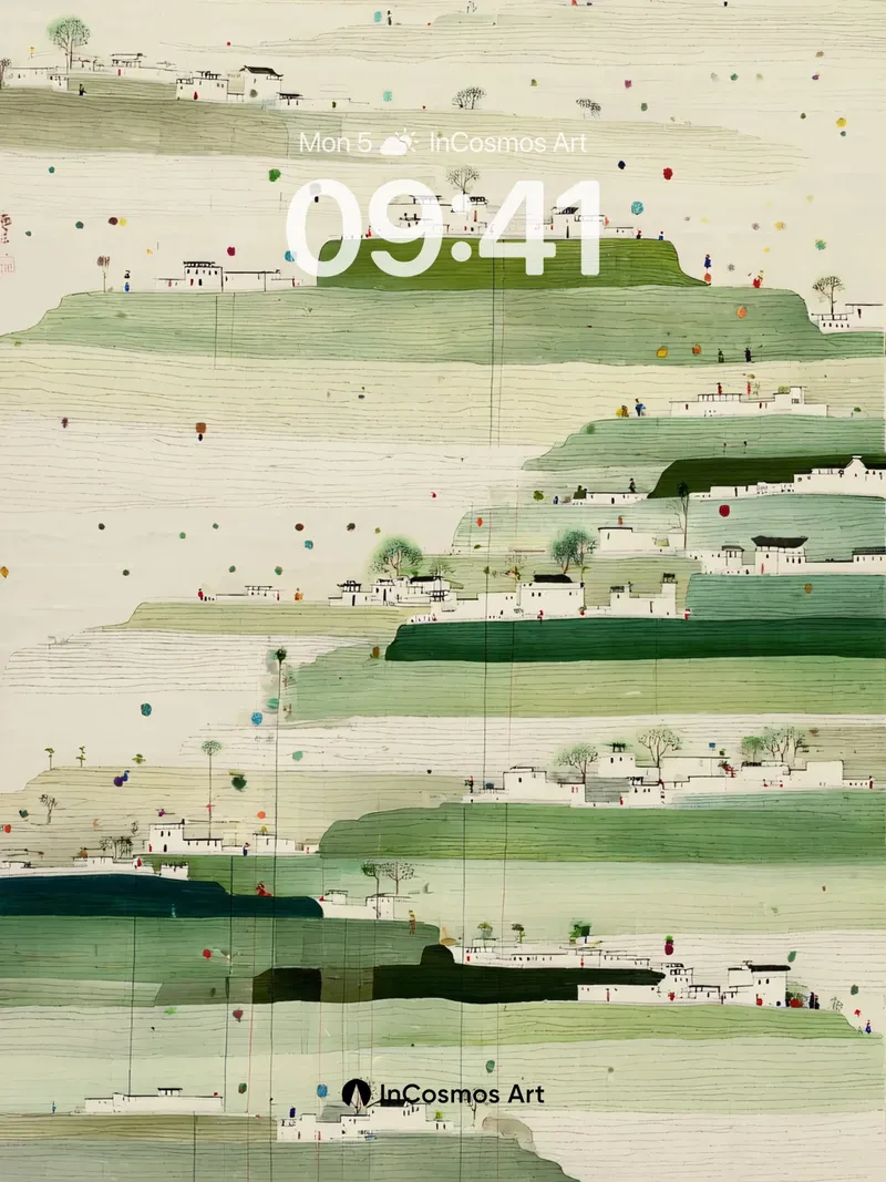 Layered Green Hills Wallpaper with Tiny Villages