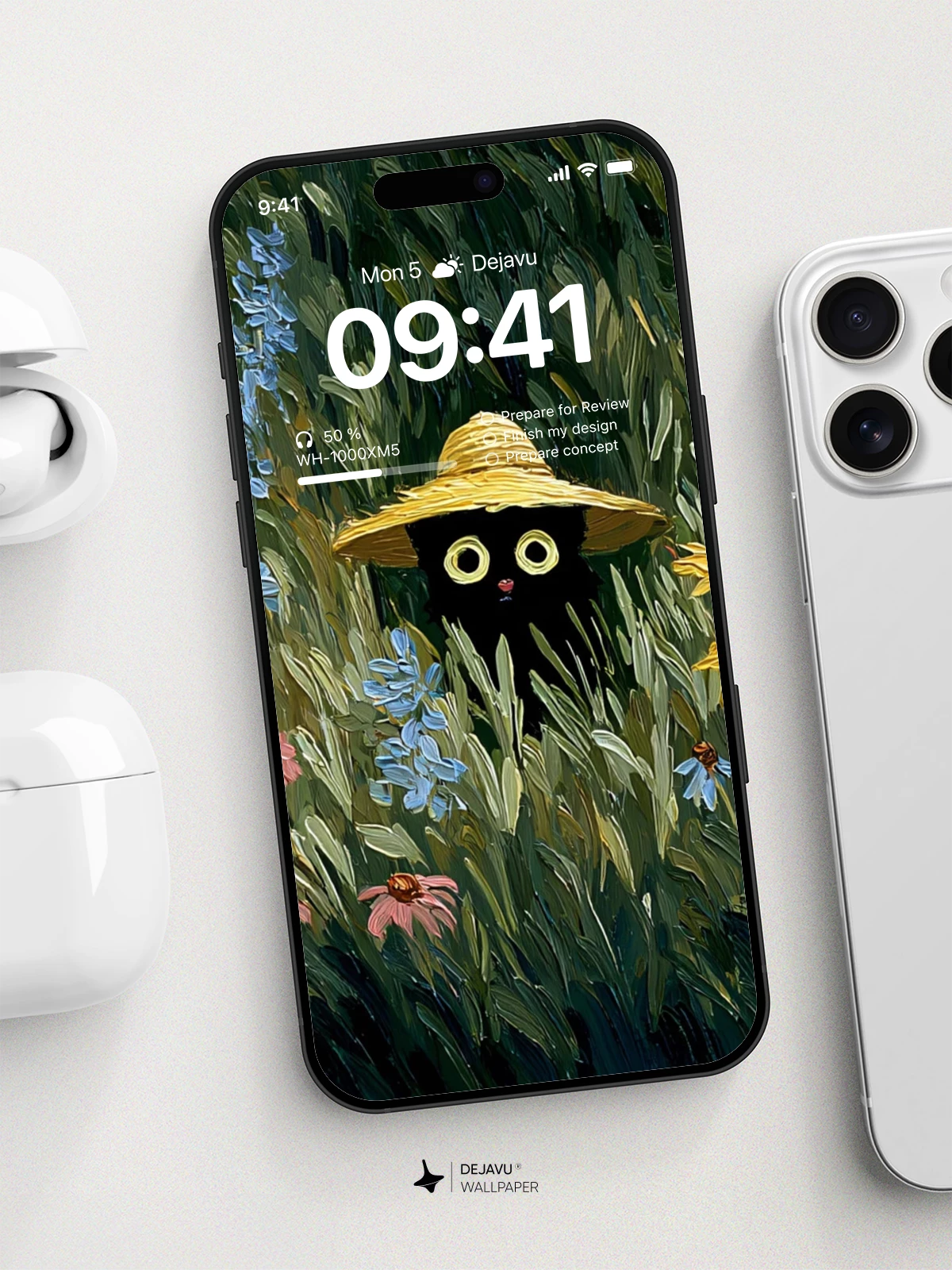 Whimsical 8K Wallpaper: Black Cat in Straw Hat Amidst Wildflowers