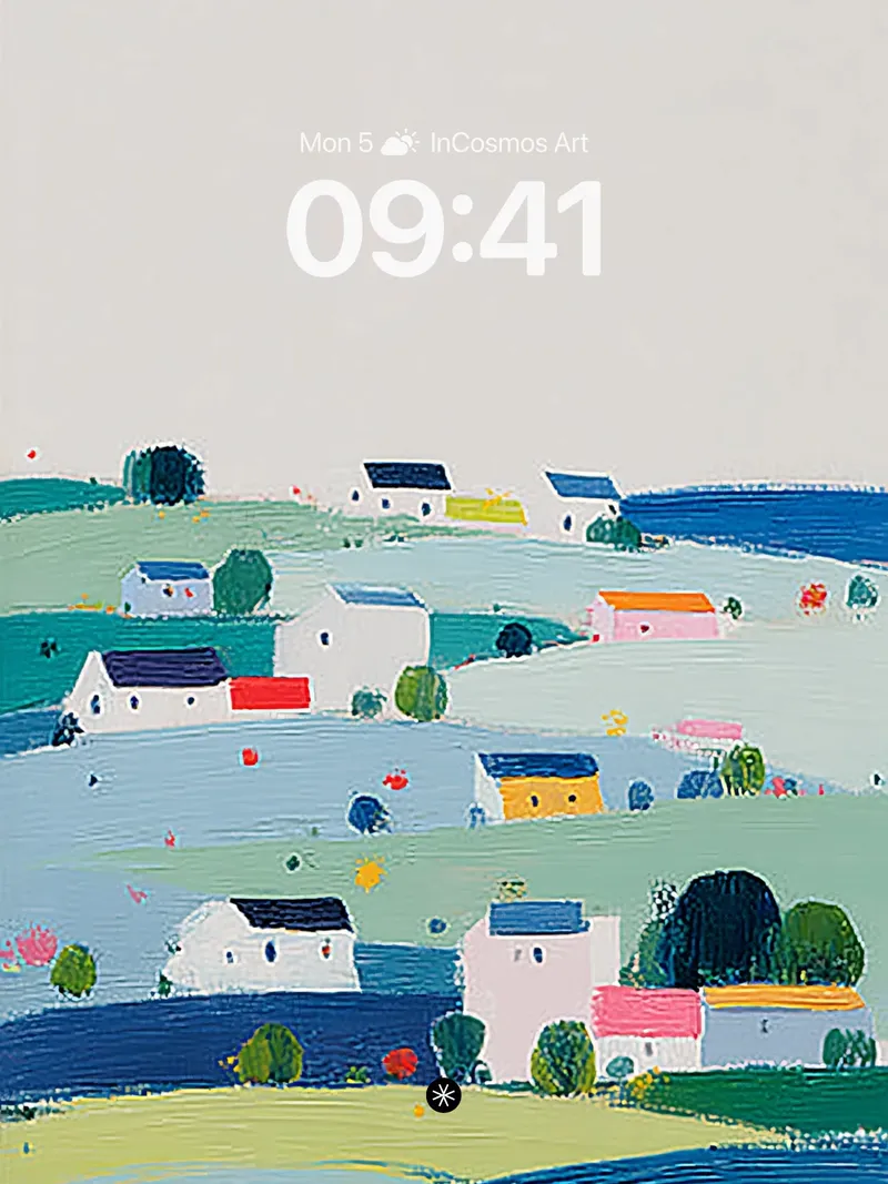 Whimsical Pastel Village Landscape Wallpaper with Rolling Hills