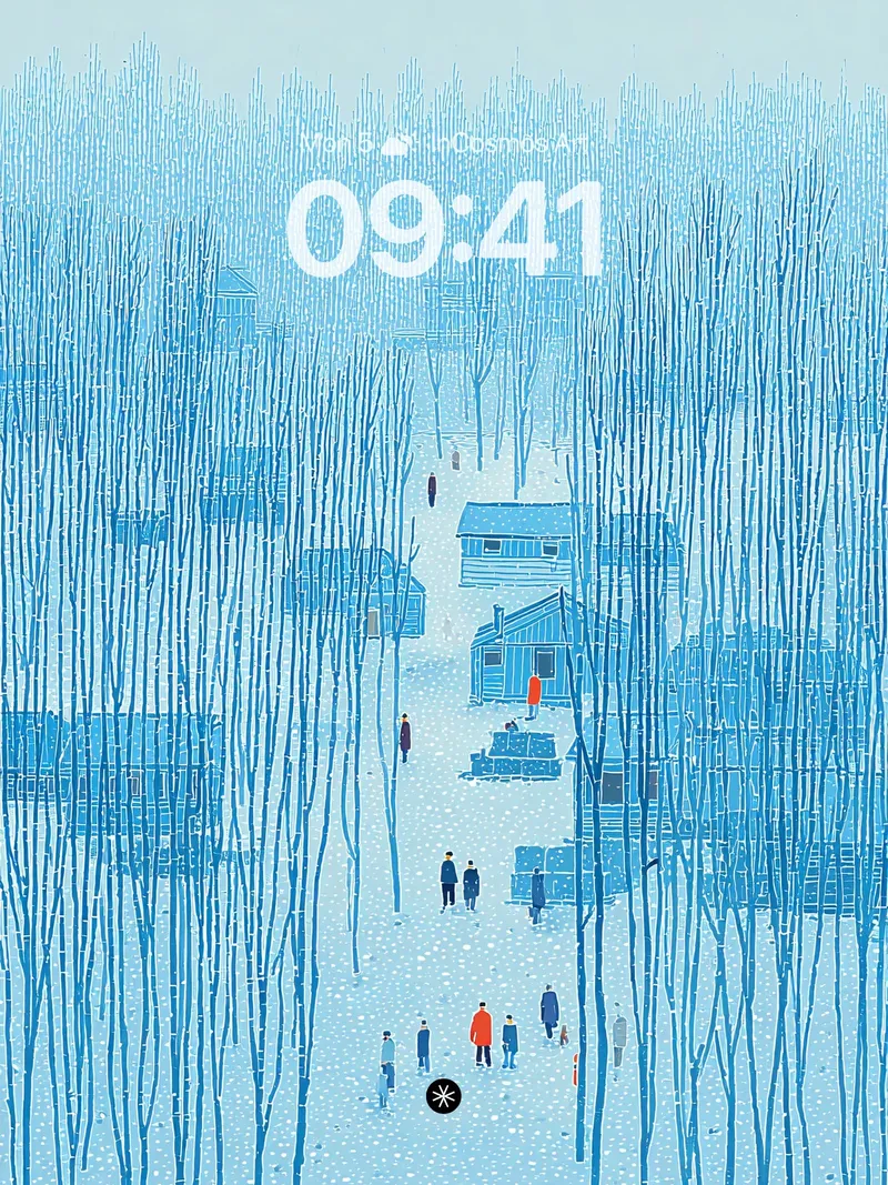Serene Winter Village Fantasy Wallpaper - Blue Tones