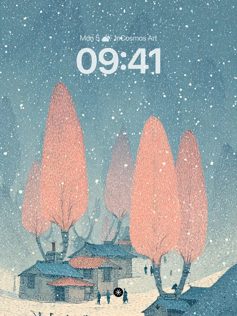 Serene Snowfall Village Wallpaper with Blush Trees