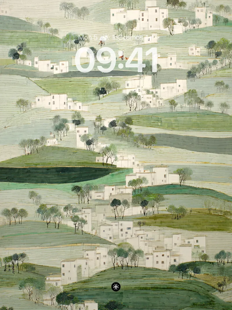 Serene Hillside Village Wallpaper with Layered Greens