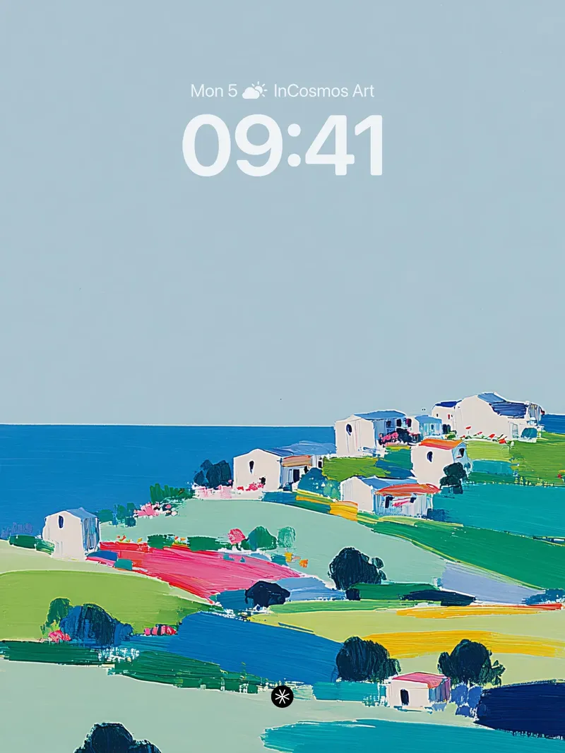 Serene Coastal Village Background with Vibrant Fields