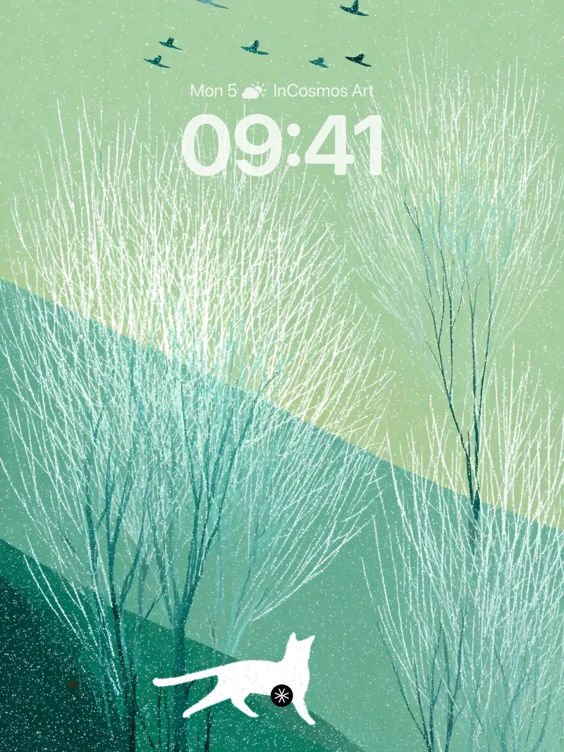 Ethereal Forest Chase Wallpaper with White Cat Motif