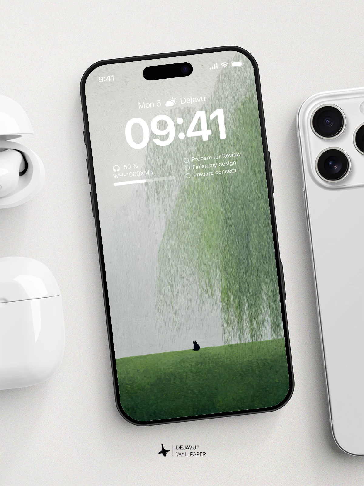 Solitude in the Rain: Minimalist Green Willow Wallpaper 8K